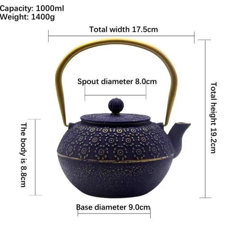 Pretty Japanese style cast iron teapot 1L capacity with tea strainer and enamel
