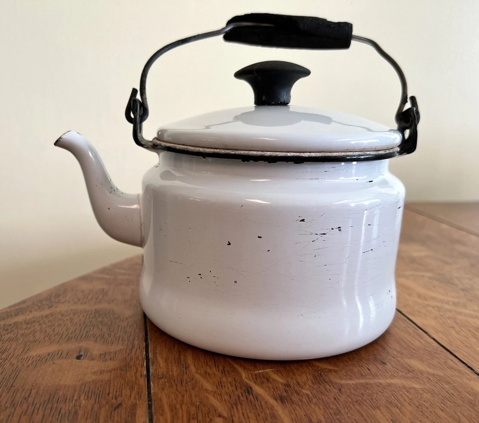 Antique White & Black Enamelware Tea Kettle with Black Wooden Handle