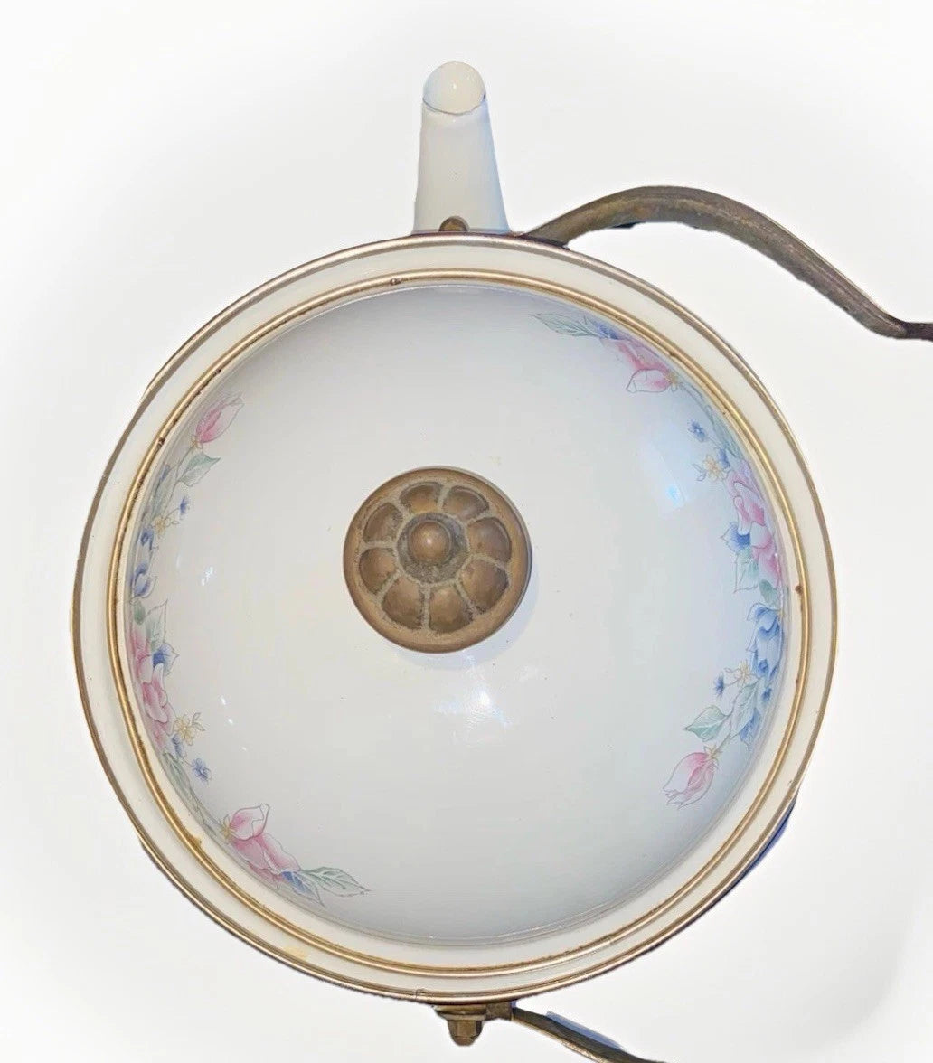 Vintage Pfaltzgraff Tea Rose Enamelware Kettle w/Lid - Black Handle - Some Rust