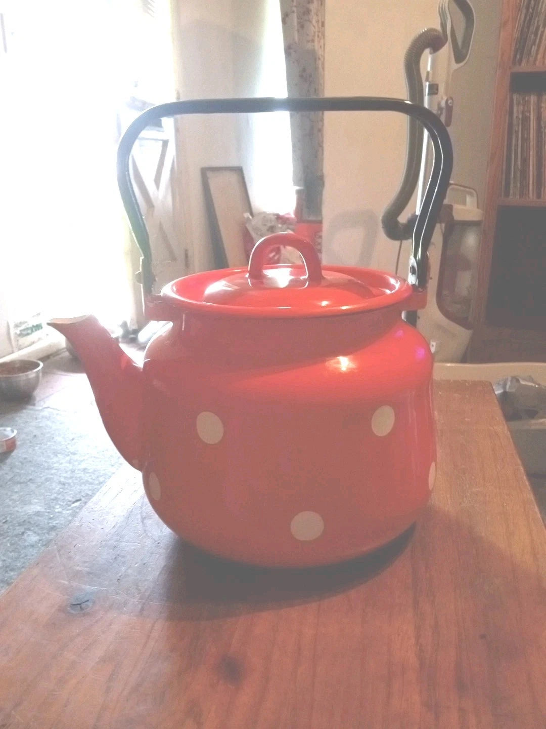 VINTAGE Soviet Enamelware Tea Kettle 3L Orange w White Dots