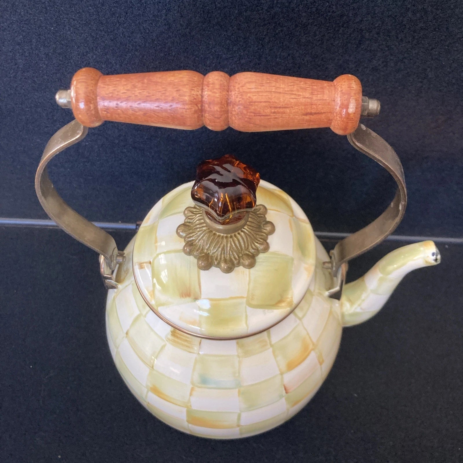 MACKENZIE-CHILDS 2 QT Teapot Kettle PARCHMENT CHECK Retired Color Enamel Loss