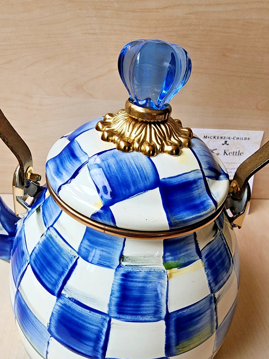 💙 Mackenzie Childs Blue Royal Check Enamel Tea Kettle Teapot - New