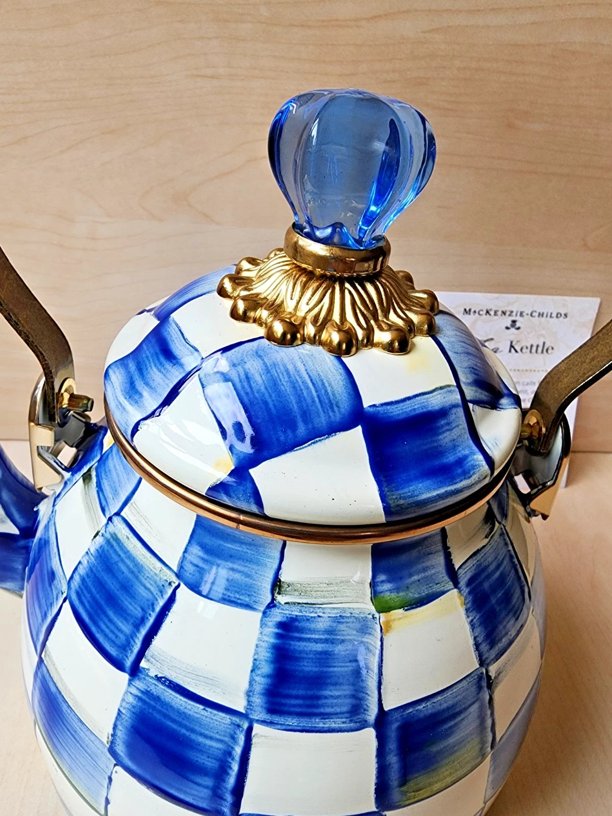 💙 Mackenzie Childs Blue Royal Check Enamel Tea Kettle Teapot - New