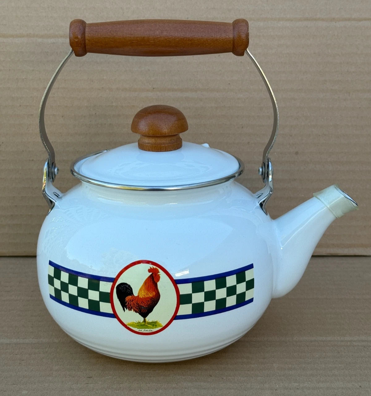 Bob Timberlake Rooster Whistling Kettle Tea Pot Enamel Checkered Board