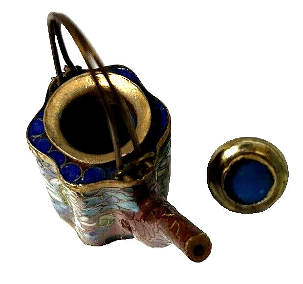 Vintage CHINESE CLOISONNE Brass and Enamel BROWN Miniature TEAPOT Floral Lid