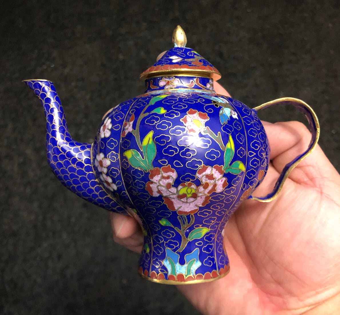 Vintage Cloisonne Enamel and Bronze Navy Blue Floral Teapot