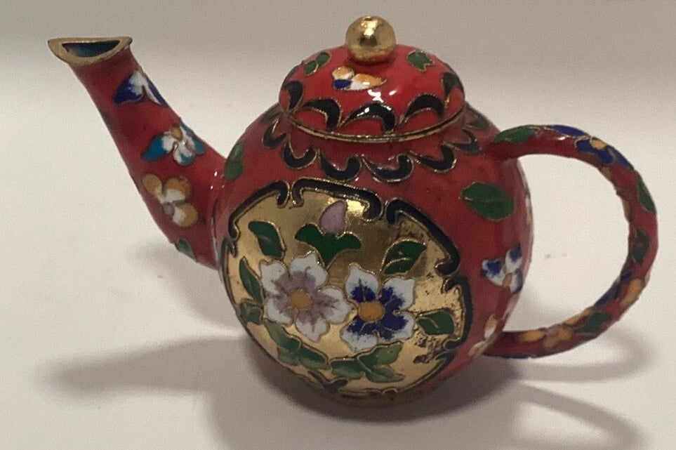 Vintage Miniature Enamel Cloisonné Red Teapot Floral 4" Tall