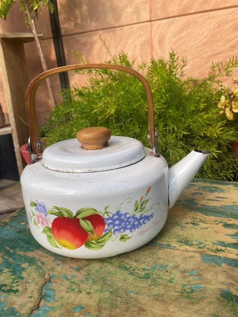 Vintage Old Enamel Porcelain Apple Grapes Print Wooden Handle Teapot Kettle