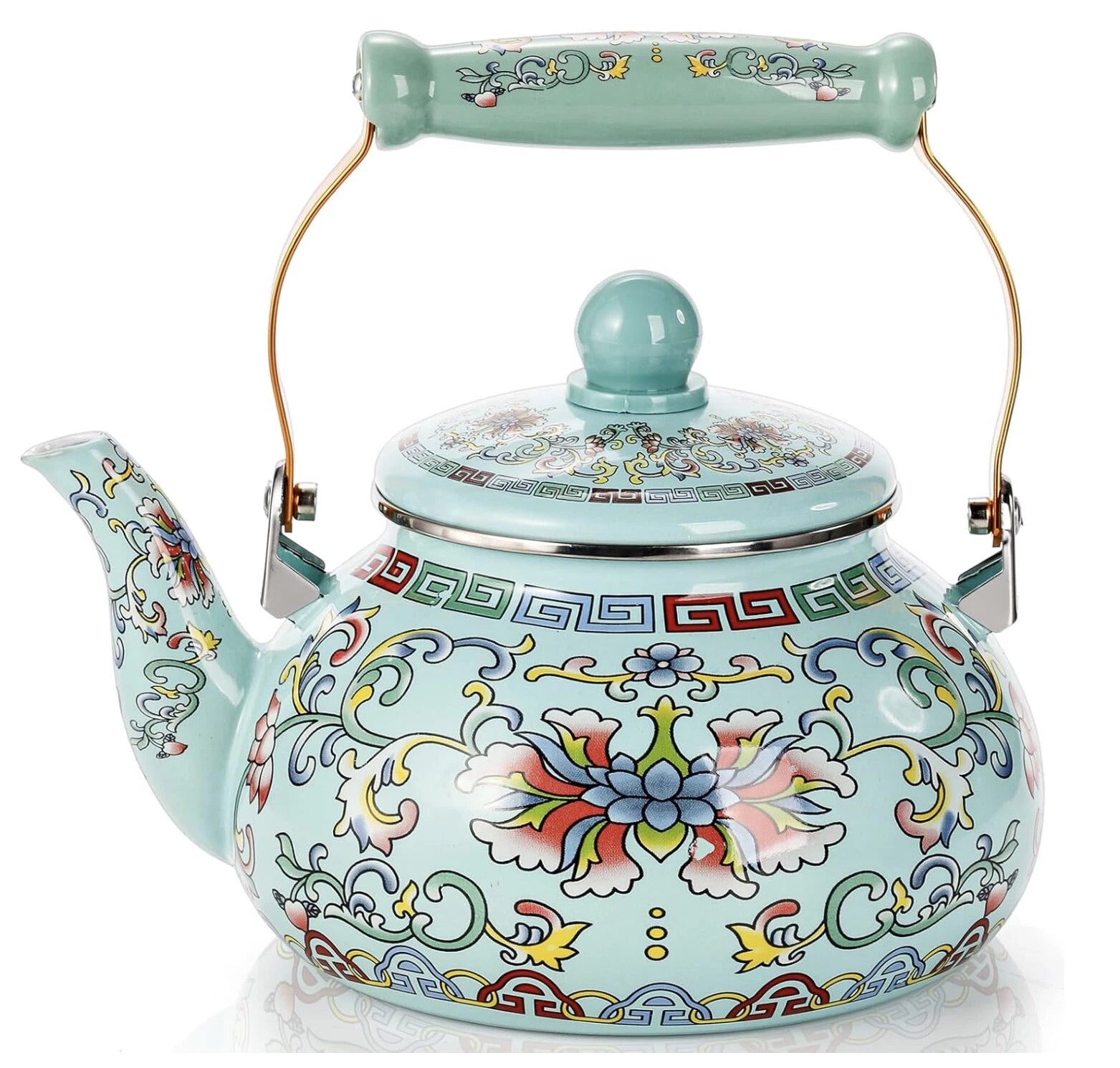 2.6QT Floral Enamel Tea Kettle with Ceramic Handle – Vintage Stovetop Pot