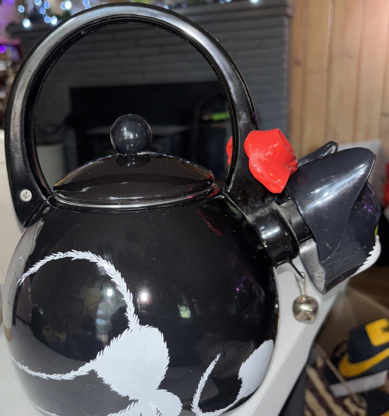 Vintage 1995 Via Ancona Metal Whistling Cat Teapot With Bell Collar and Red Bow