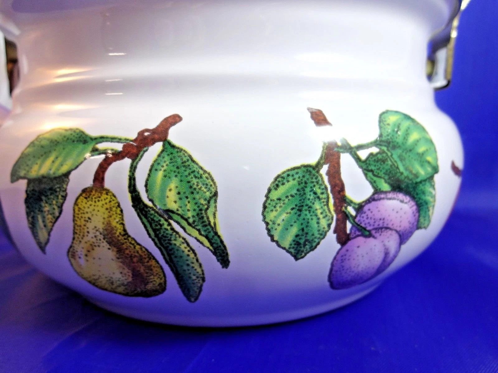 Vintage Enamel Fruit Decorated Tea Kettle Tea Pot Plum Apple Peach Pear
