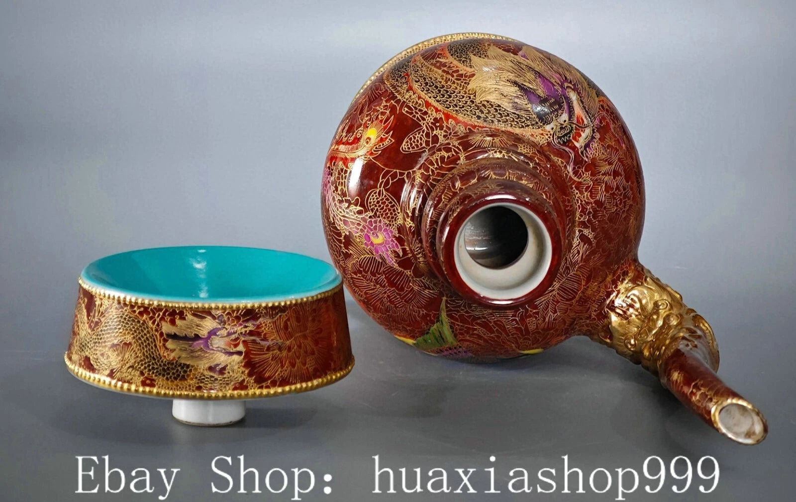 Qianlong Dynasty Enamel Colour Porcelain Gilt Dragon Phoenix Wine Tea Pot Flagon