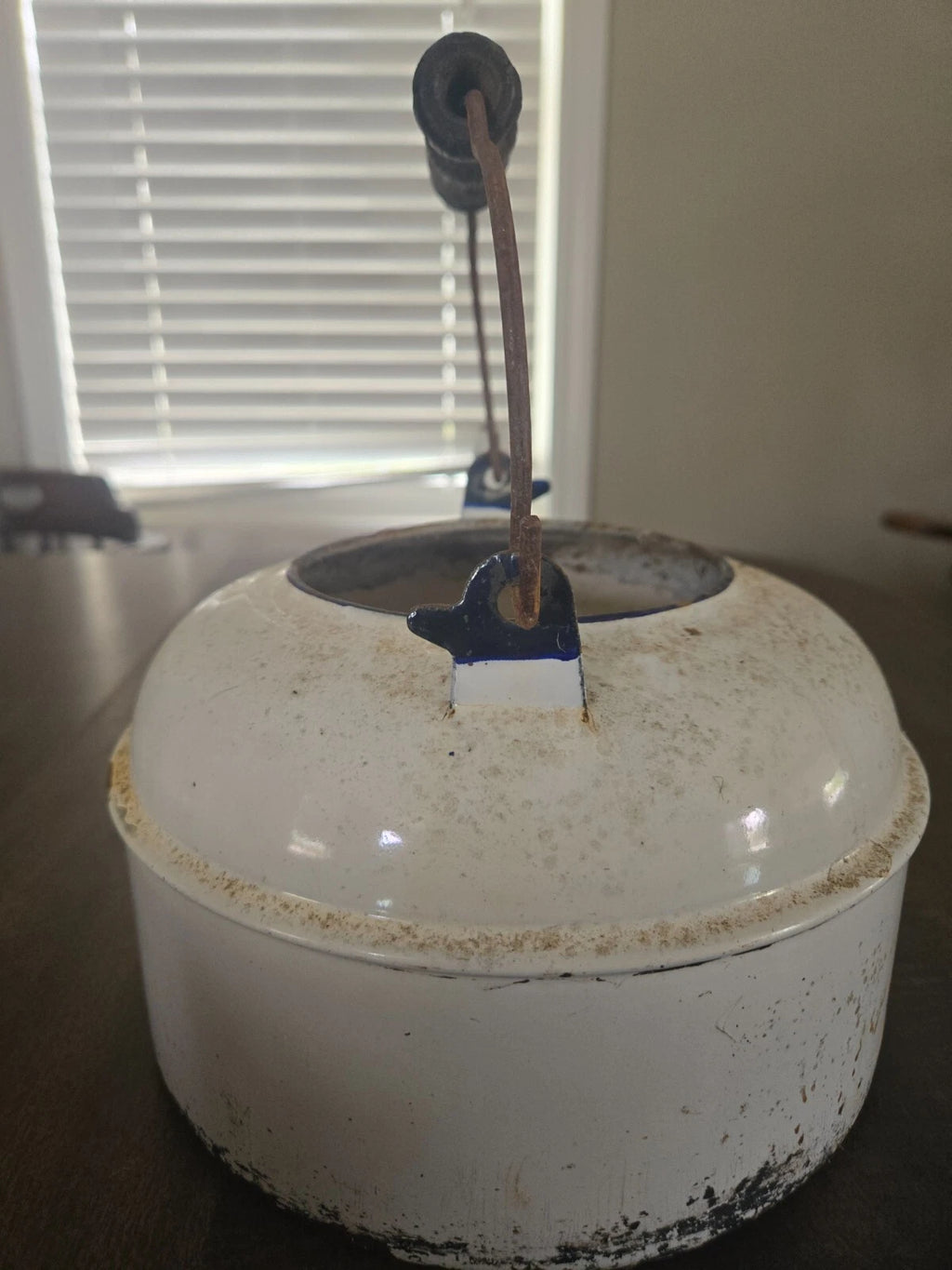 ENAMEL White Antique Tea Kettle Pot Wood Handle-No Lid