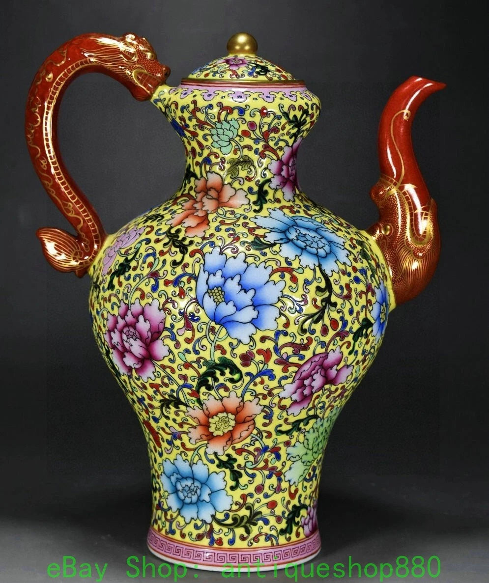 10.6" Yongzheng Enamel Colour Porcelain Gold Dragon Head Wine Tea Pot Flagon