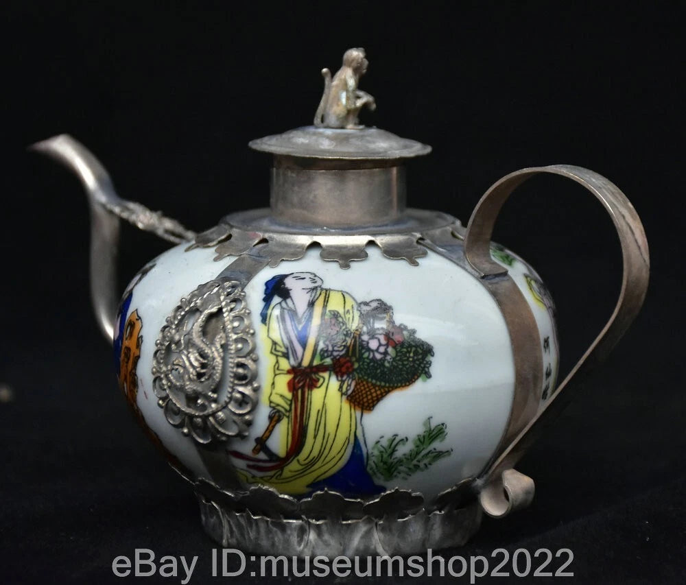 6" Old Chinese Copper Enamel Porcelain Dynasty Beauty Belle Teapot Kettle Statue