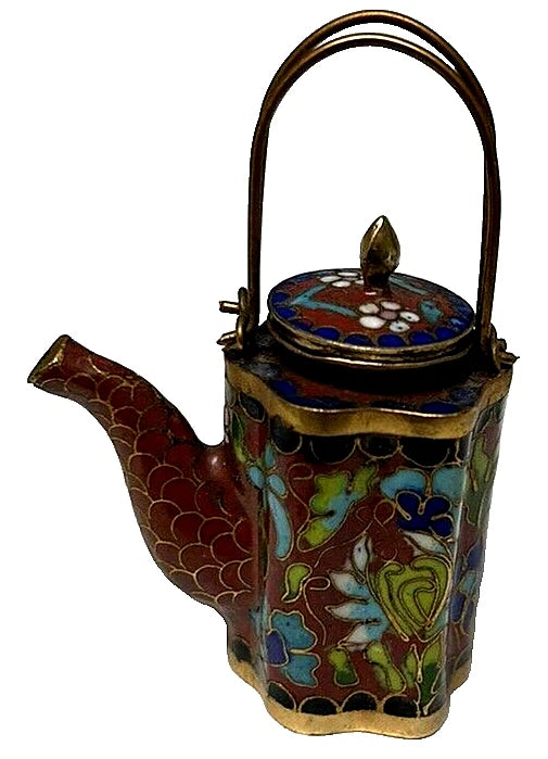 Vintage CHINESE CLOISONNE Brass and Enamel BROWN Miniature TEAPOT Floral Lid