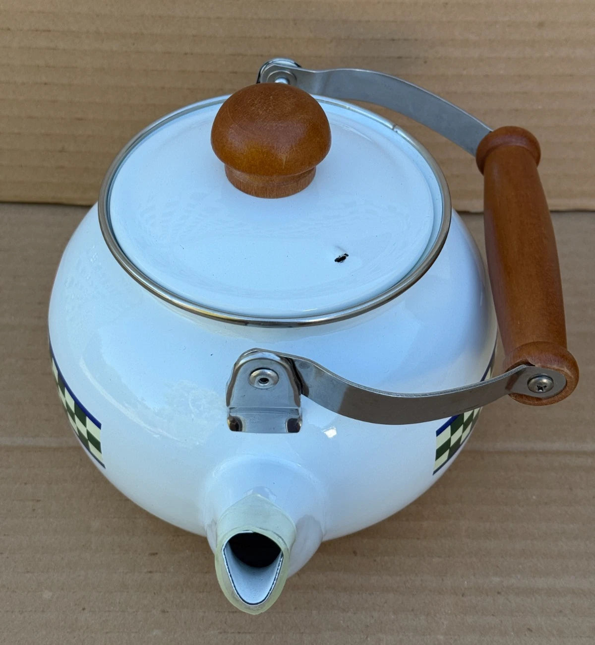Bob Timberlake Rooster Whistling Kettle Tea Pot Enamel Checkered Board