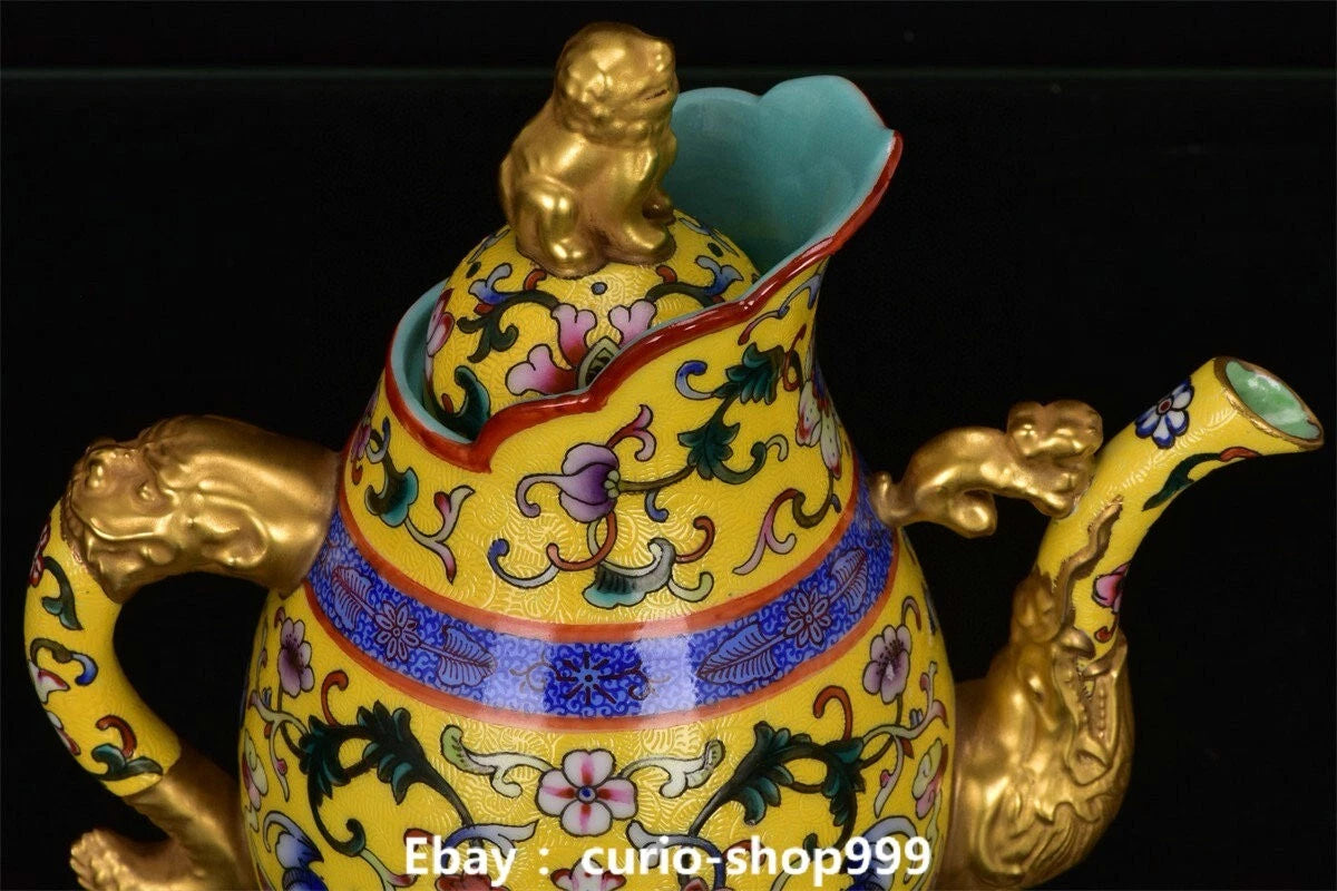 8" Qianlong Enamel Colour Porcelain Gilt Flower Beast Head Wine Tea Pot Flagon