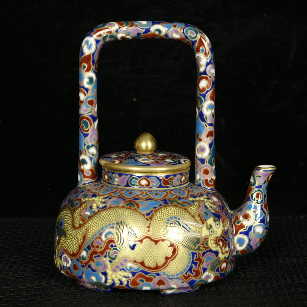 5.5" Old dynasty Porcelain qianlong mark colour enamels gilt cloud Dragon Teapot