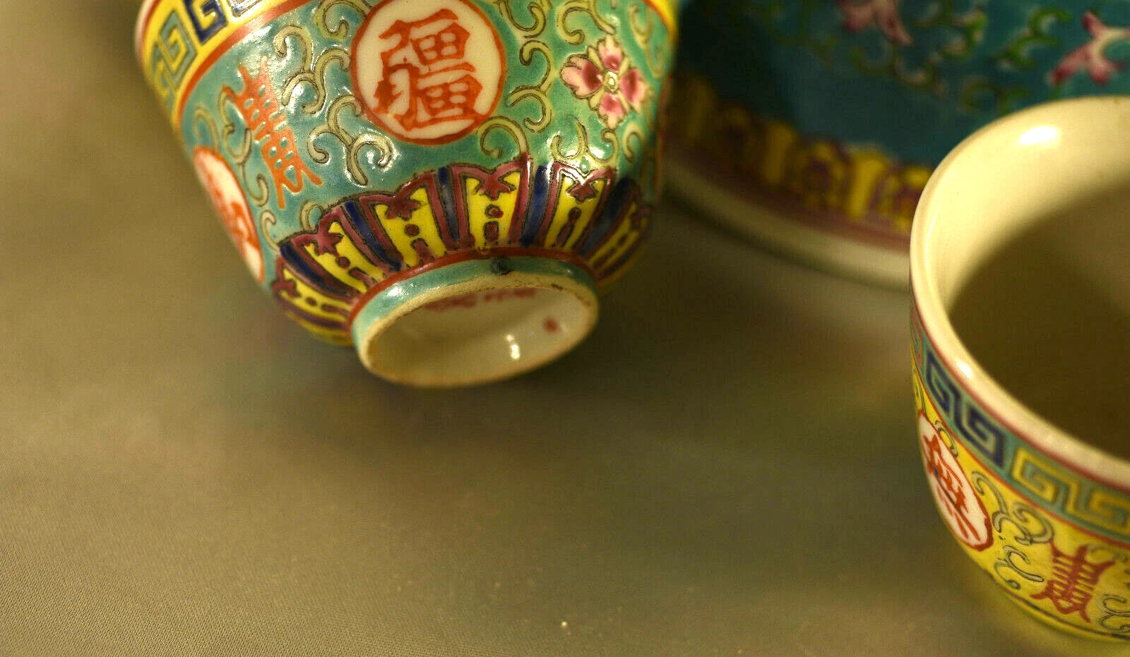 Antique Porcelain Teaset: Famille Rose Lotus: Enameled : Teal : China : 1975