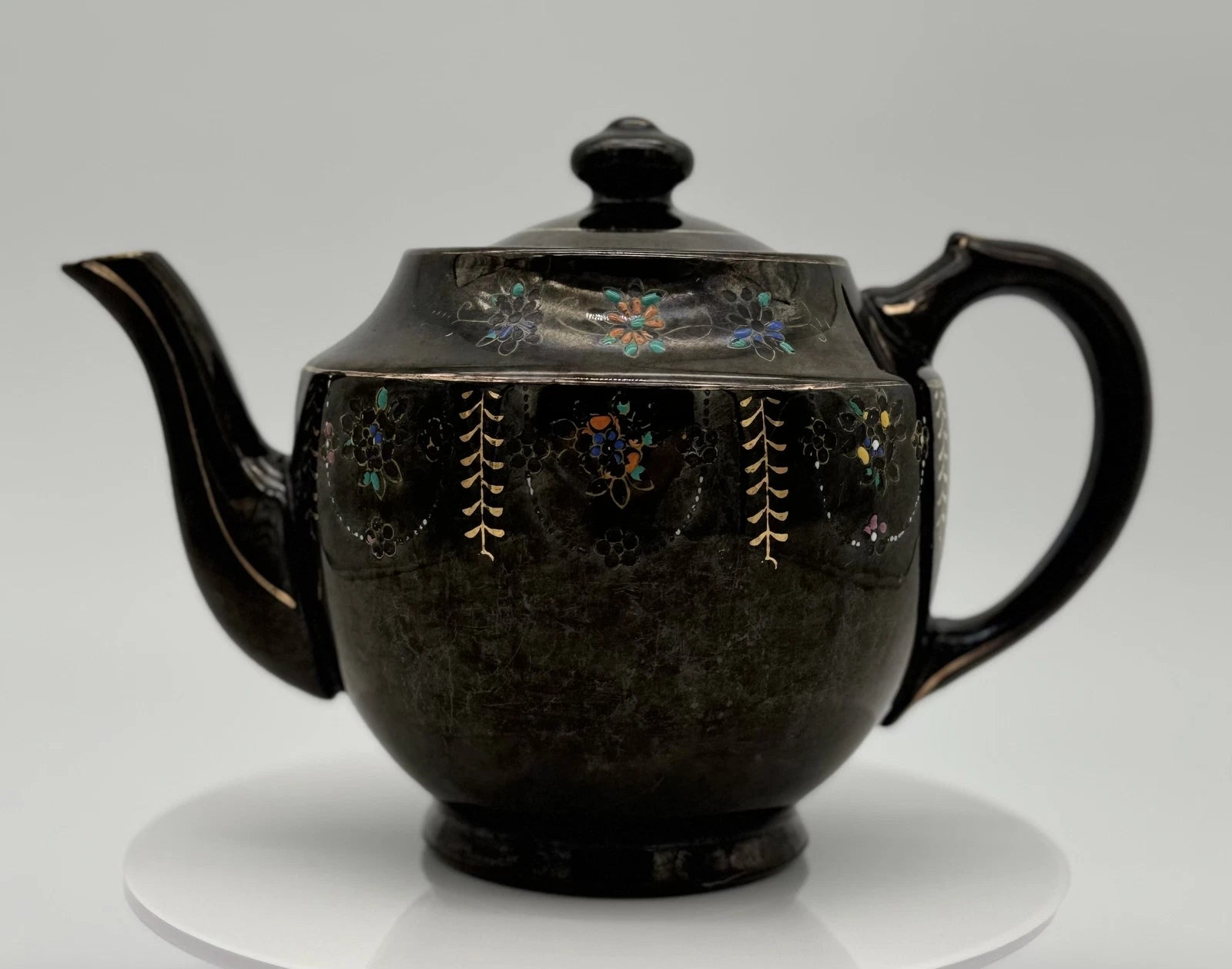 Vintage Dark Brown Teapot with Floral Enamel Design and Lid