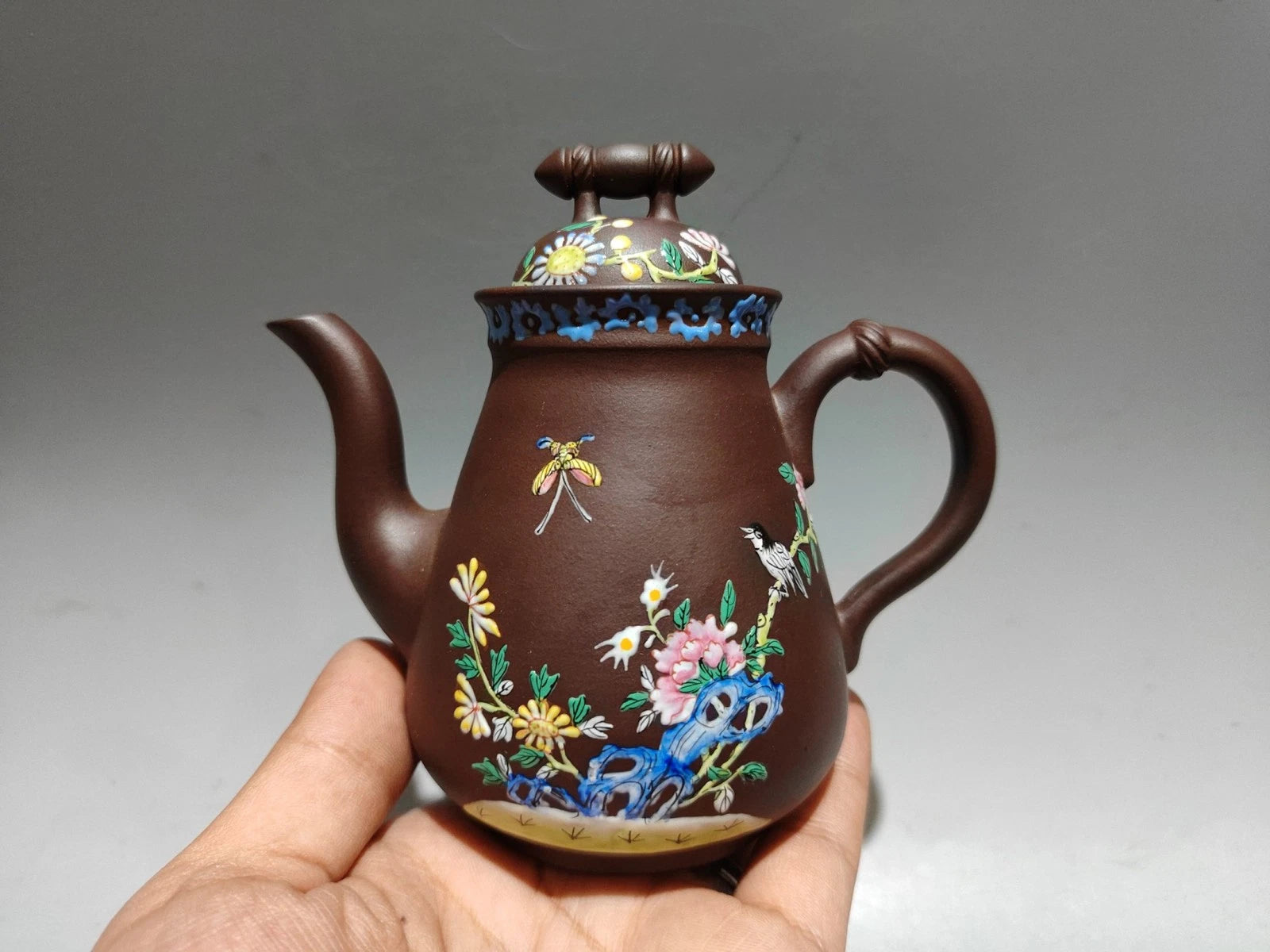 Yixing Teapot Handmade Bird Flower Enamel Traditional Art