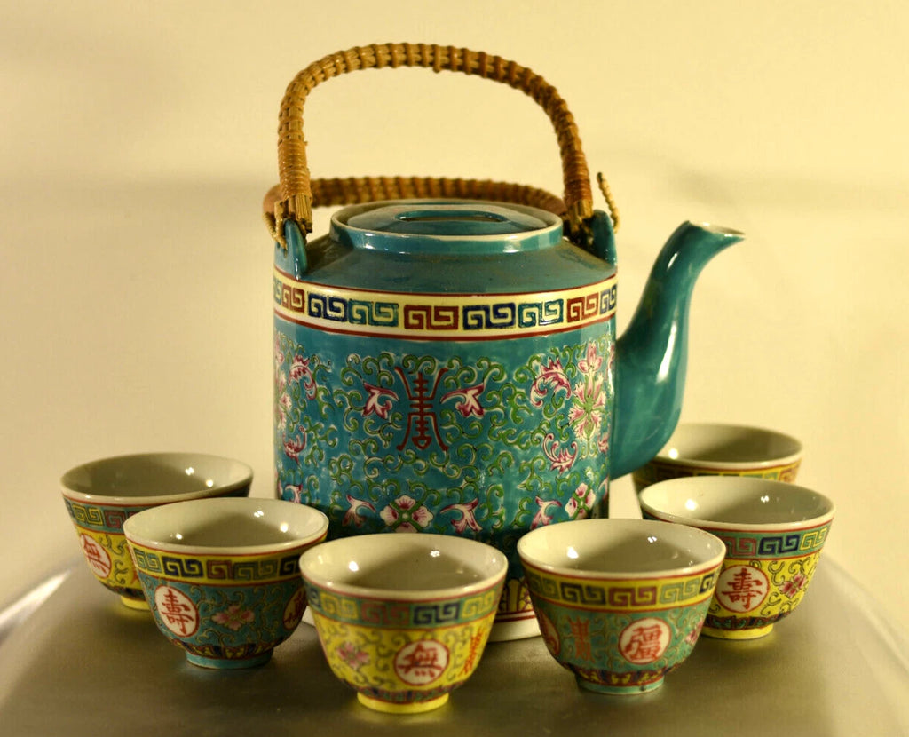 Antique Porcelain Teaset: Famille Rose Lotus: Enameled : Teal : China : 1975