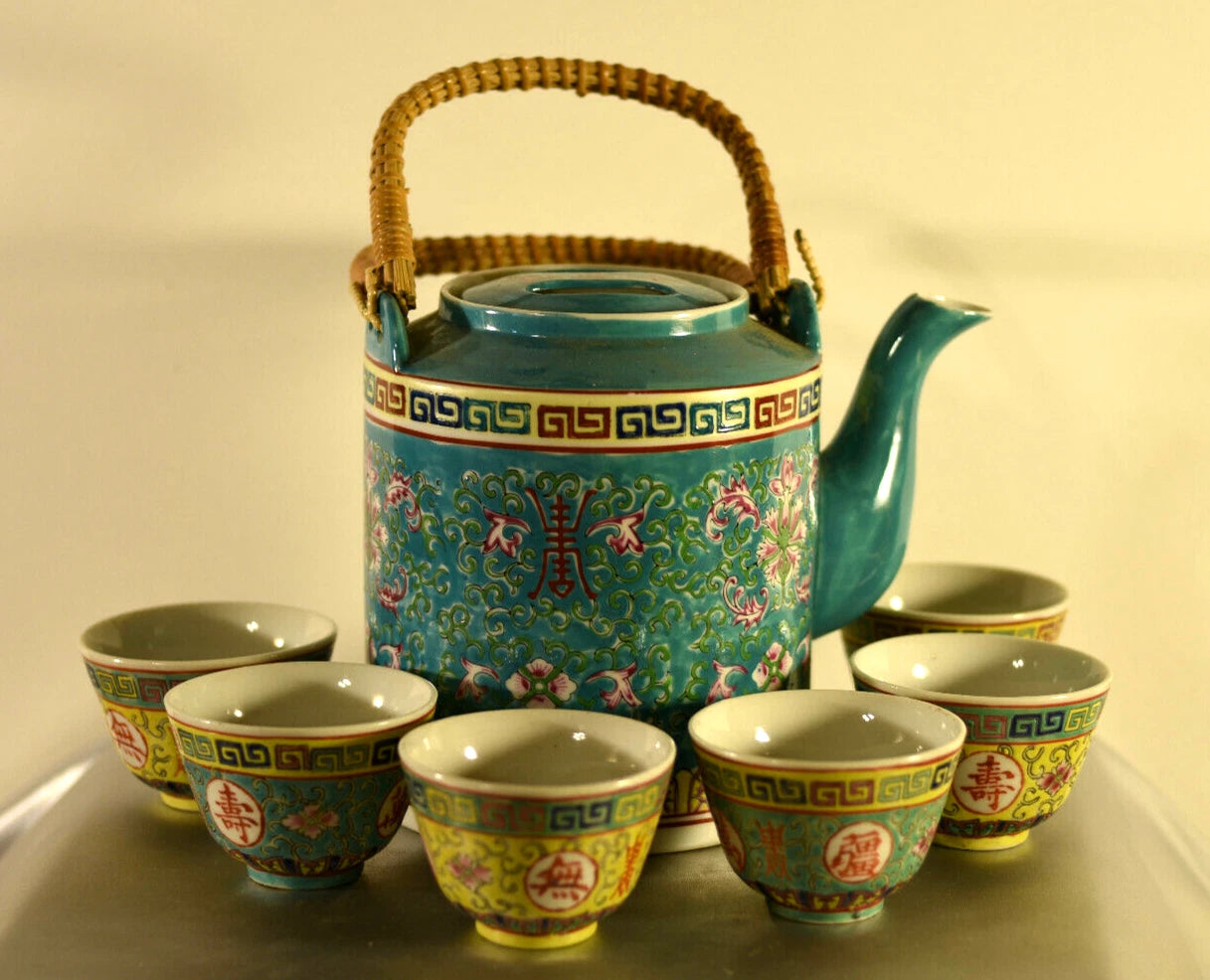 Antique Porcelain Teaset: Famille Rose Lotus: Enameled : Teal : China : 1975