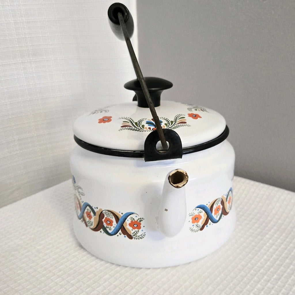 Vtg Enamelware Teapot Tea Kettle Pennsylvania Dutch Look Folk Art READ