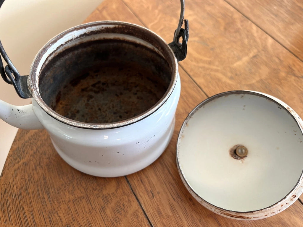 Antique White & Black Enamelware Tea Kettle with Black Wooden Handle