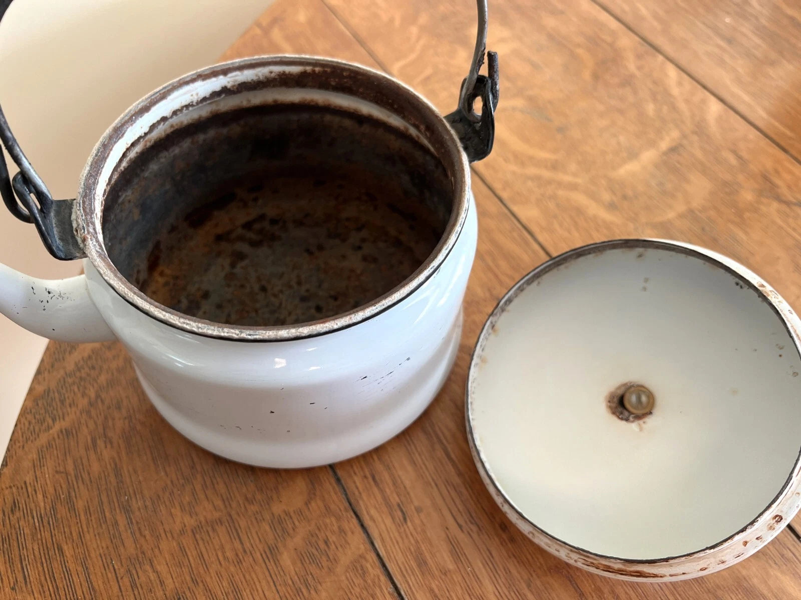 Antique White & Black Enamelware Tea Kettle with Black Wooden Handle