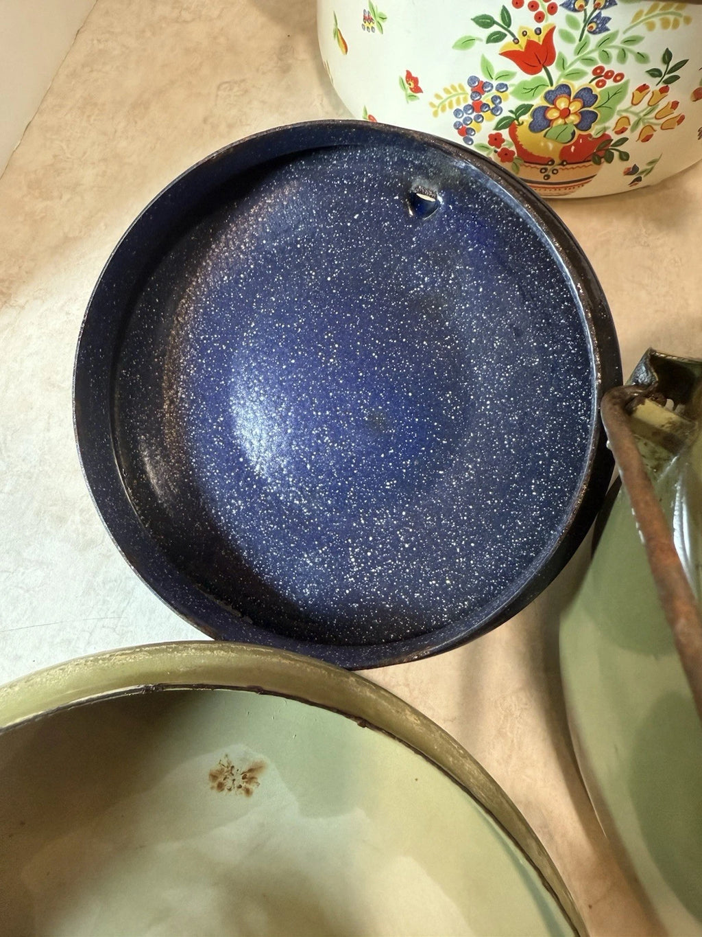 Lot of 3 Vintage MCM Retro Enamelware  Tea Kettle Pots