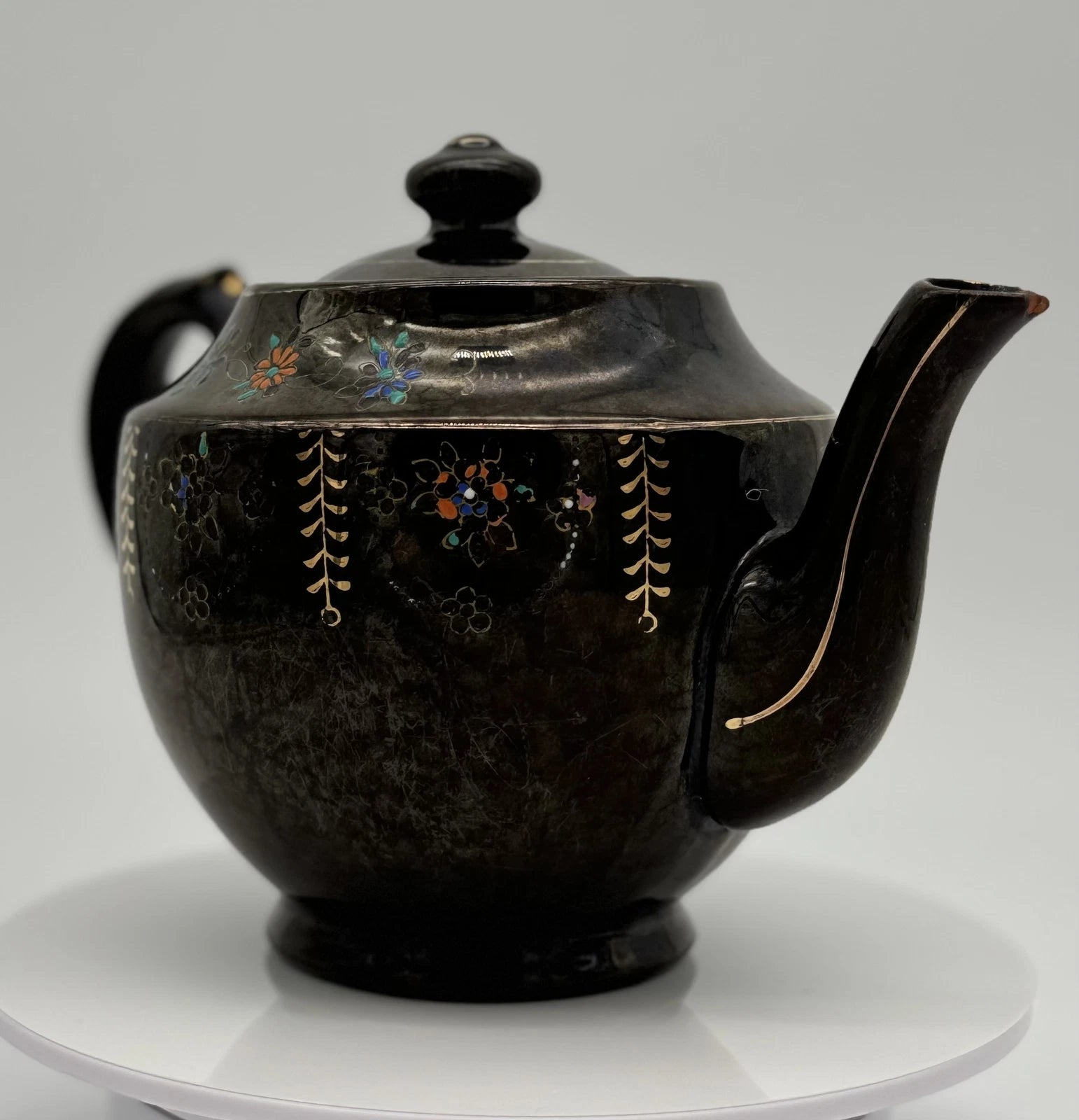 Vintage Dark Brown Teapot with Floral Enamel Design and Lid