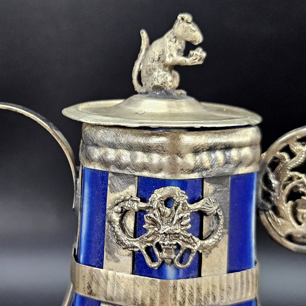 Vintage Chinese Blue Enamel Dragon Ewer Teapot w/ Rat Finial