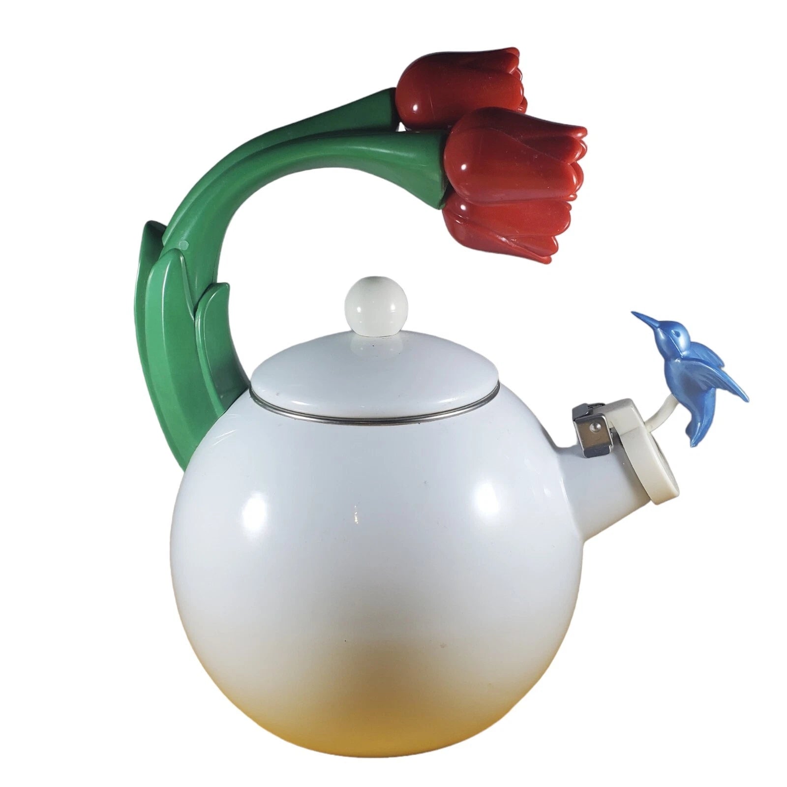 Vintage Teapot Ancona Hummingbird Tulips Kettle White w Red Green Blue Tea Pot