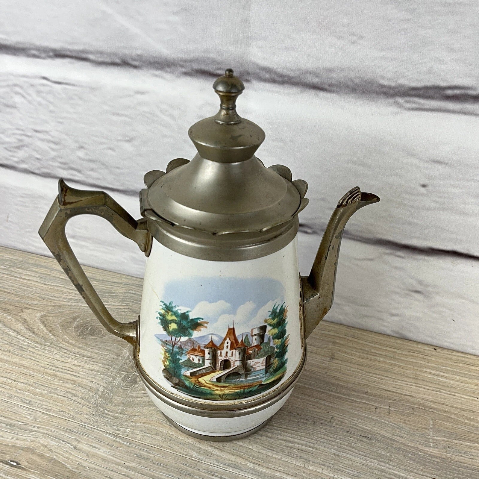Victorian Pewter Enamelware Teapot & Tea Caddy Sugar Bowl Manning Bowman? Castle