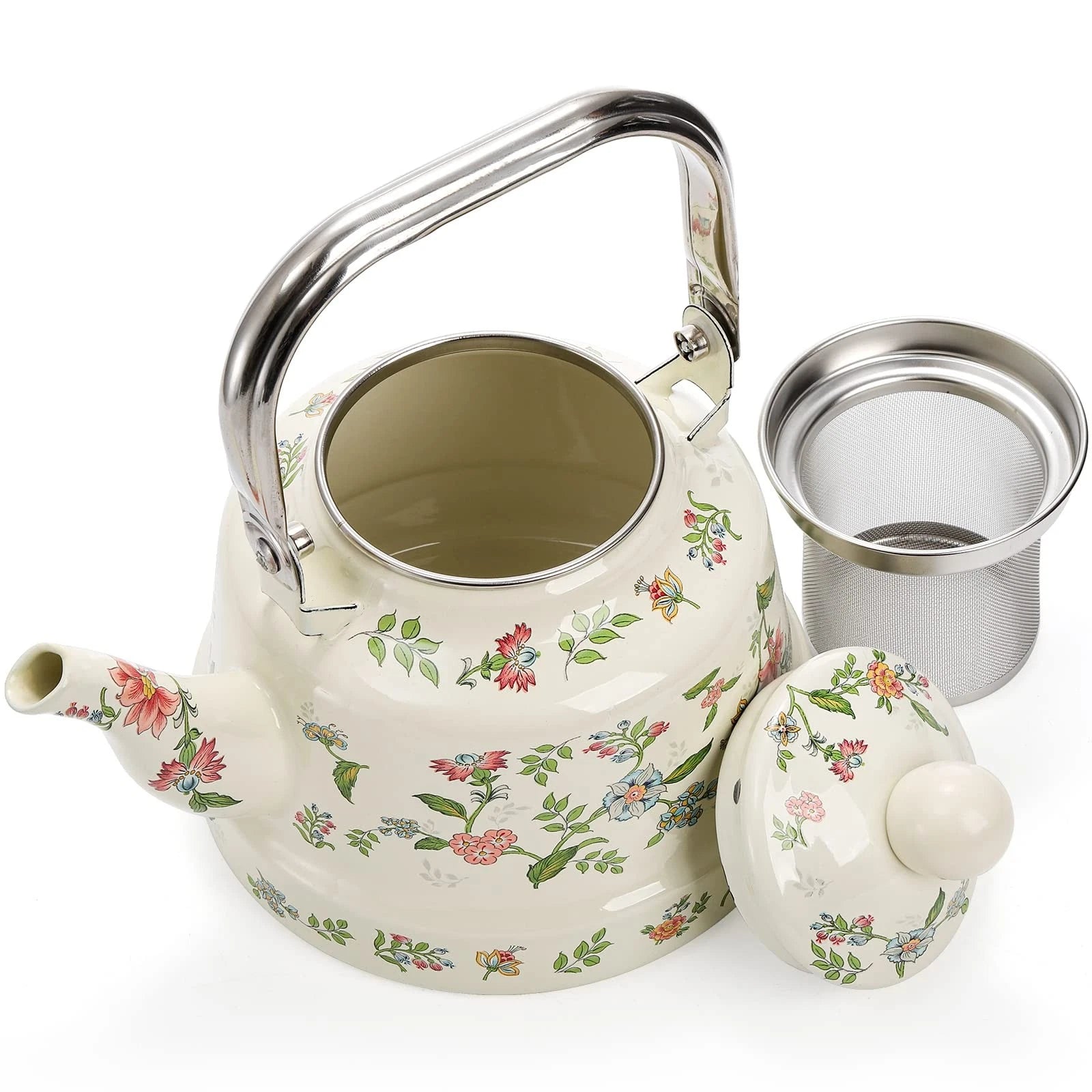 1.8 Quart Vintage Enamel Stovetop Tea Kettle, Retro Green Floral Enamel on St...