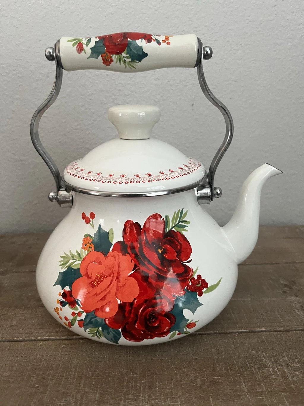 Pioneer Woman Floral Enamel Teapot Tea Kettle In White Cheerful Rose