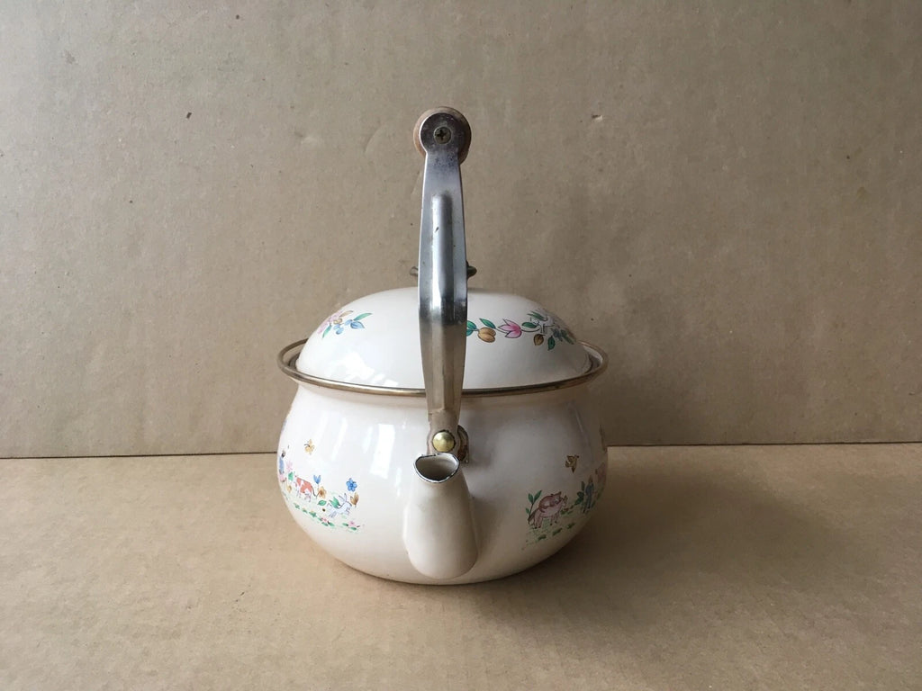 Vintage Enamelware Teapot w/Dutch Farm Scene & Wooden Handle, 9" Ht, 7 1/8" Diam