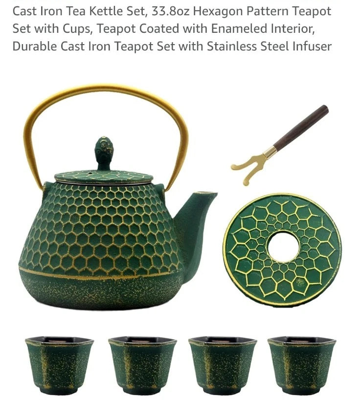 Cast Iron Tea Kettle Set 33.8oz Hexagon Pattern Teapot Set w cups green enamel