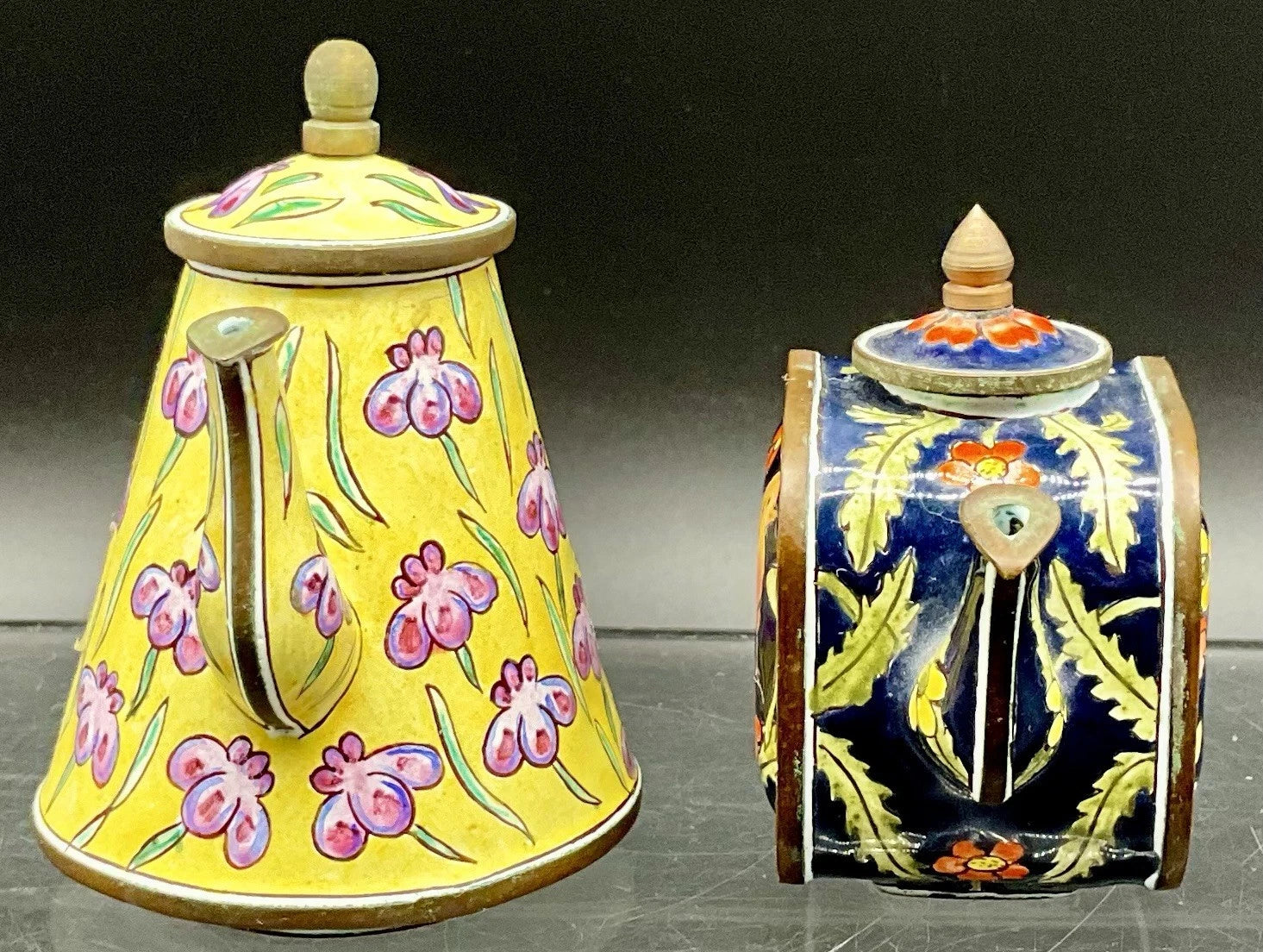 Vintage Enameled Cooper Mini Teapots (2)