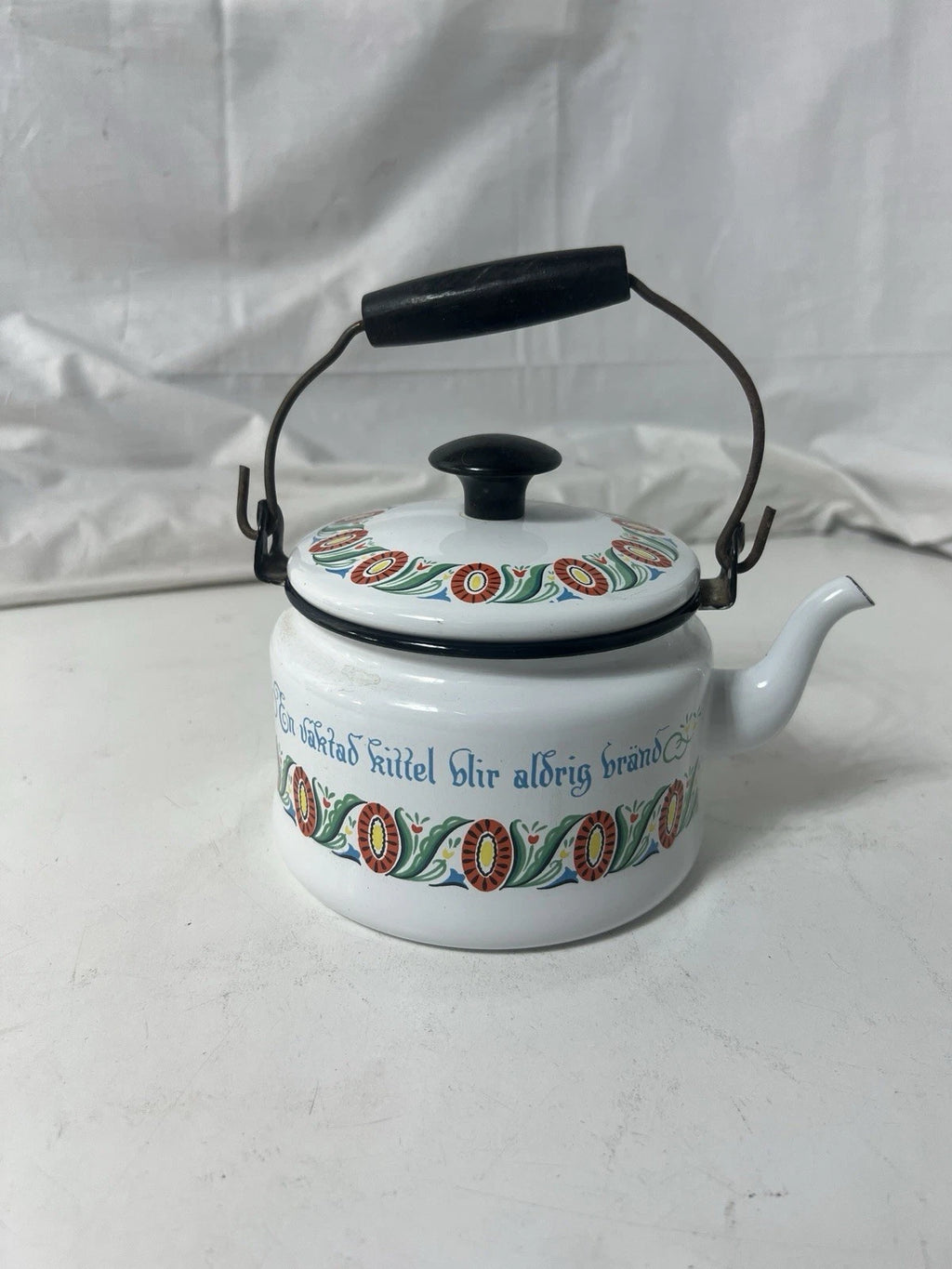 Swedish Folk ArtVINTAGE ENAMEL TEAPOT KETTLE ENAMELWARE script