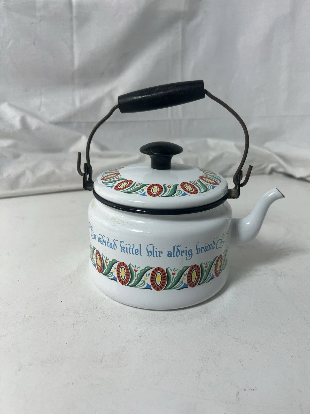Swedish Folk ArtVINTAGE ENAMEL TEAPOT KETTLE ENAMELWARE script