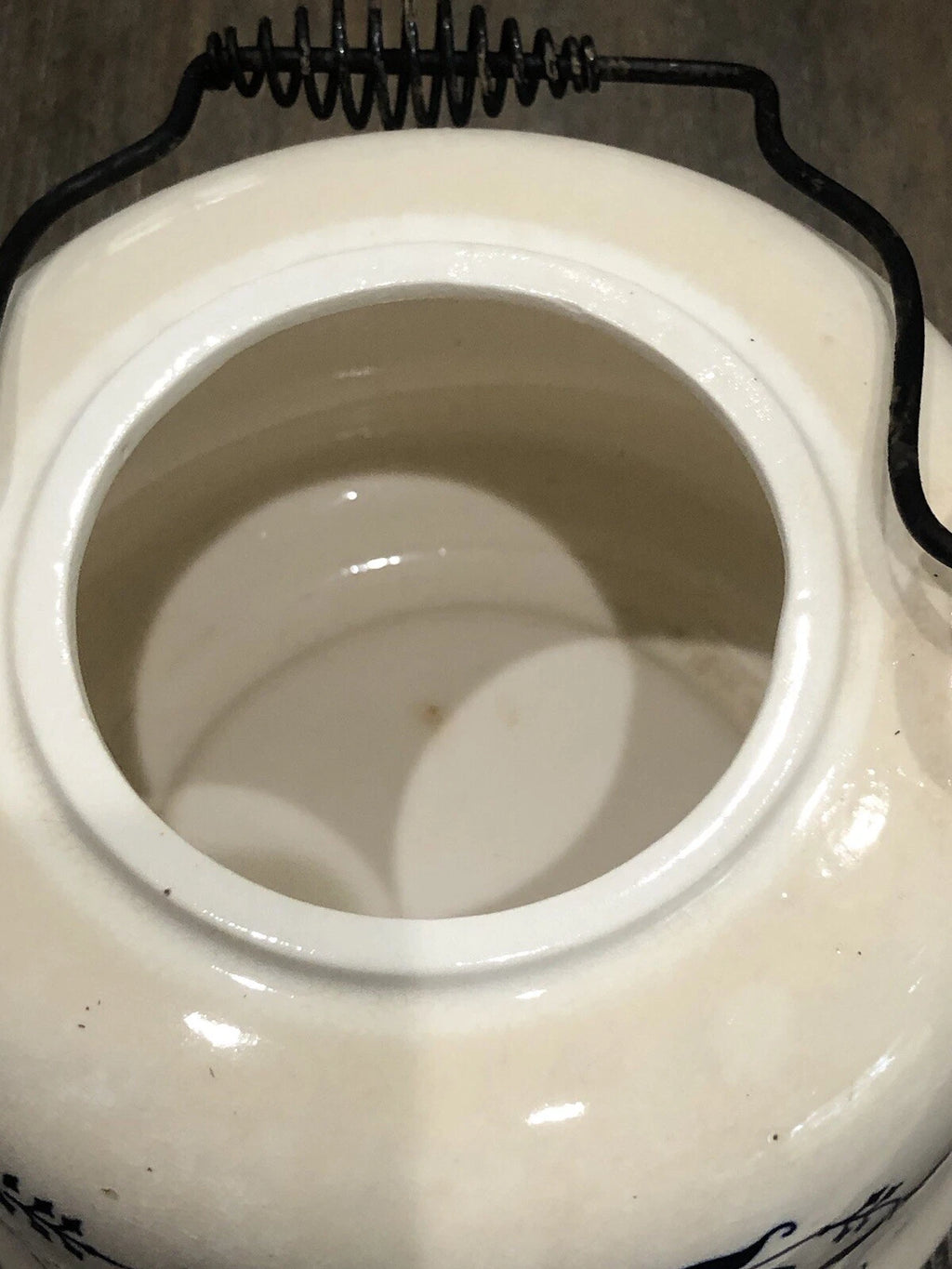 Vntg Japan Blue Onion Porcelain Enamel Ware Teakettle W/Wire Metal HandleVGUC