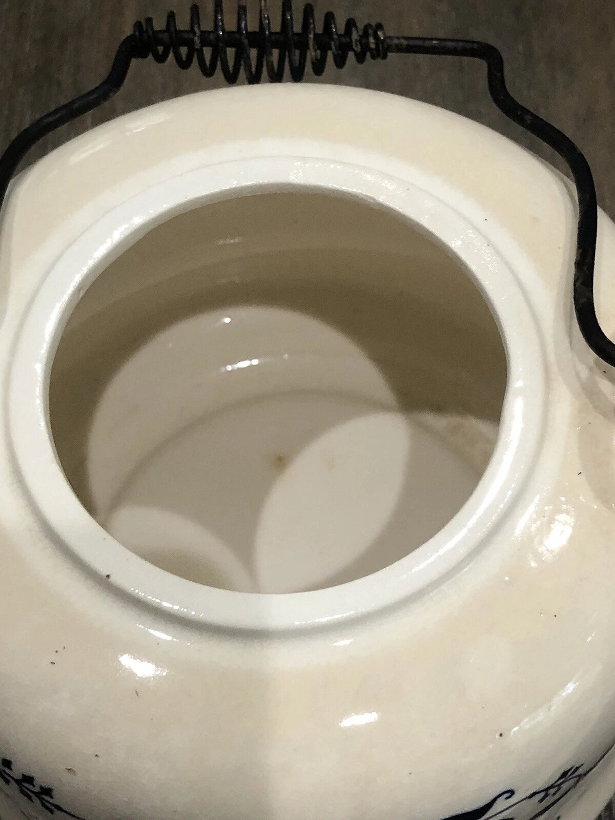 Vntg Japan Blue Onion Porcelain Enamel Ware Teakettle W/Wire Metal HandleVGUC