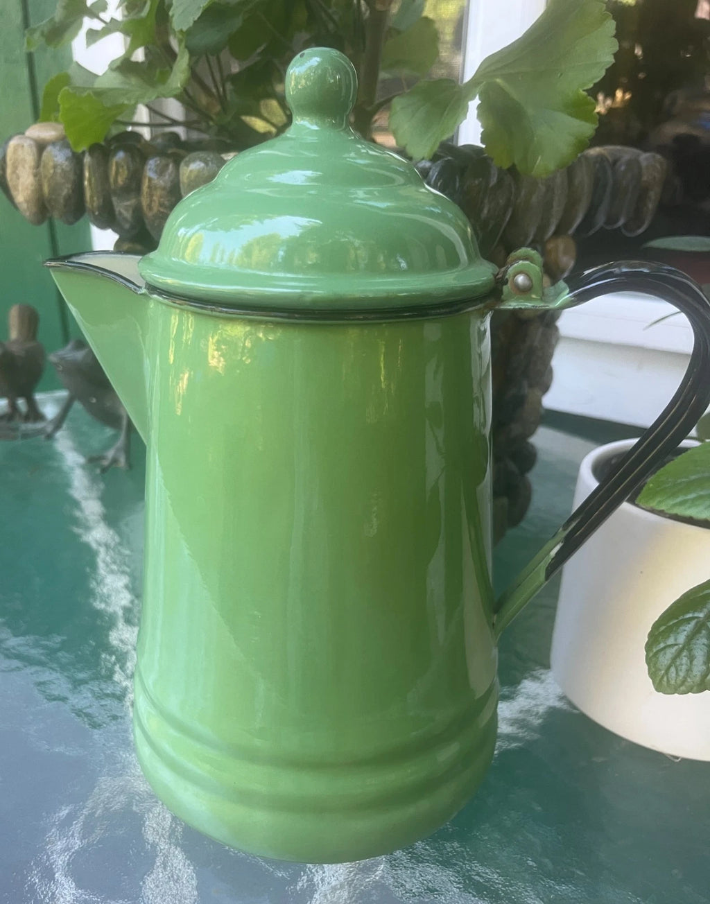 Vintage Jadeite Green Enamel Coffee Tea Pot Cowboy Camping Lid - Heavy
