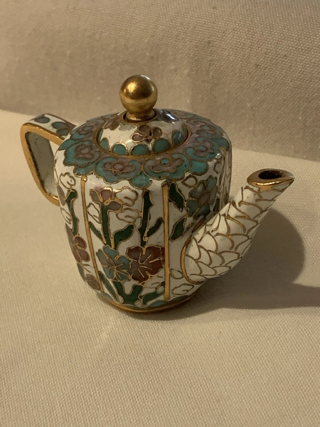 Miniature Floral Enamel Cloisonné Teapot Blue/Mauve/White Florals