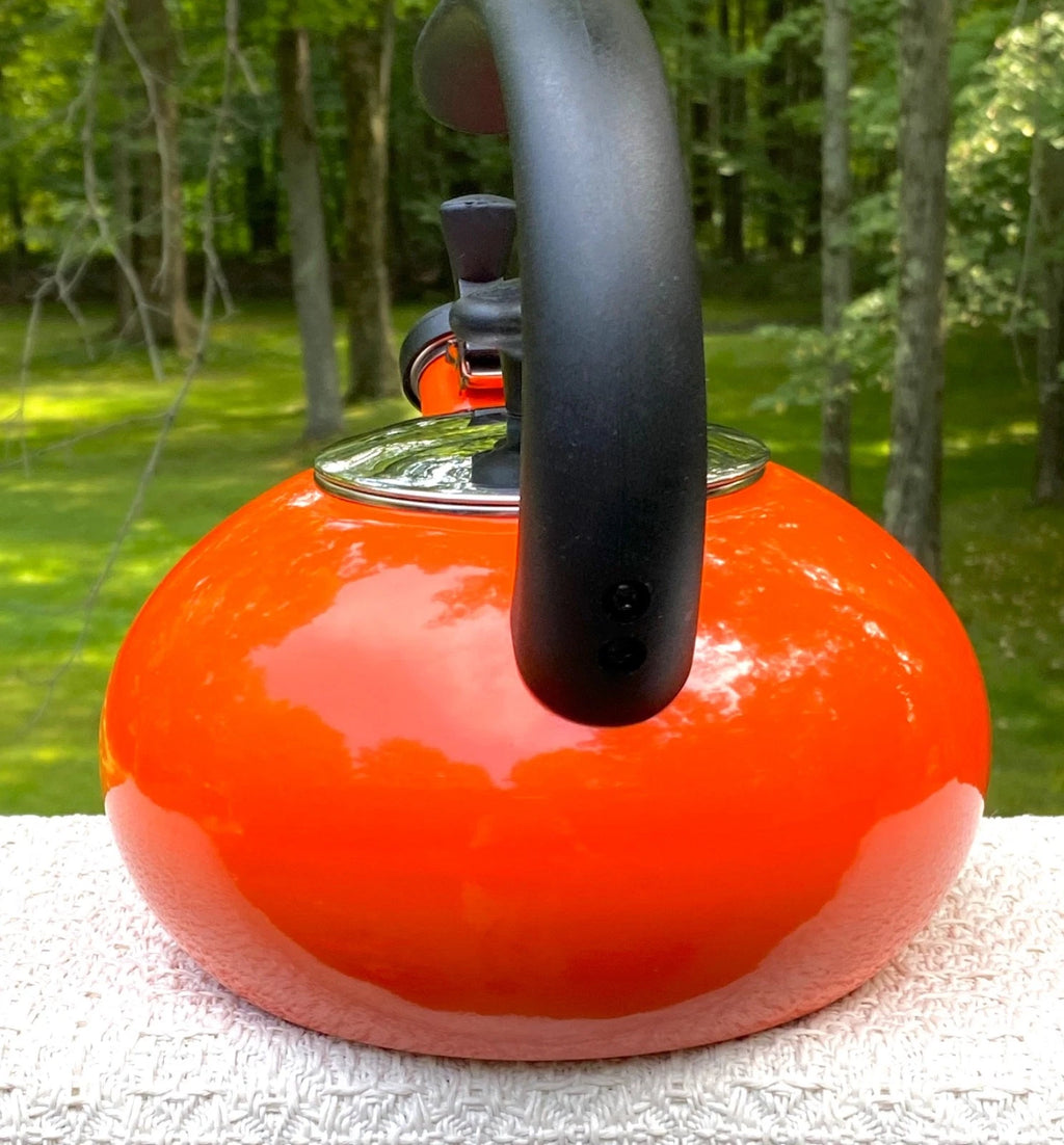 Rachael Ray Orange Enamel Whistling Tea Kettle 1.5 Quart Large Top Handle