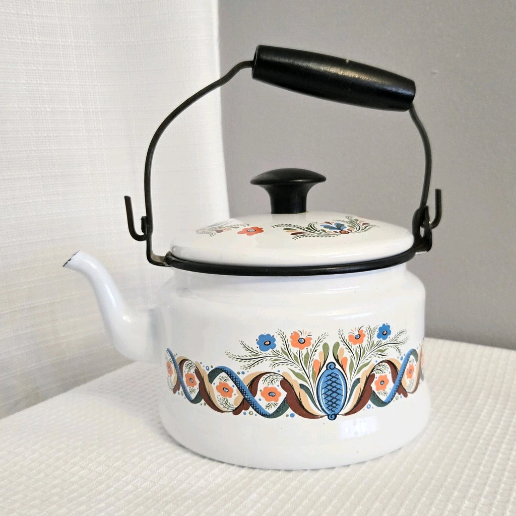 Vtg Enamelware Teapot Tea Kettle Pennsylvania Dutch Look Folk Art READ