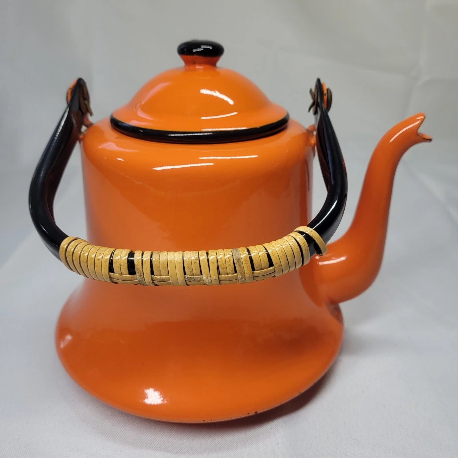 Vintage MCM Orange Black Baked Enamelware Tea Pot Kettle Japan Mod Kitchen